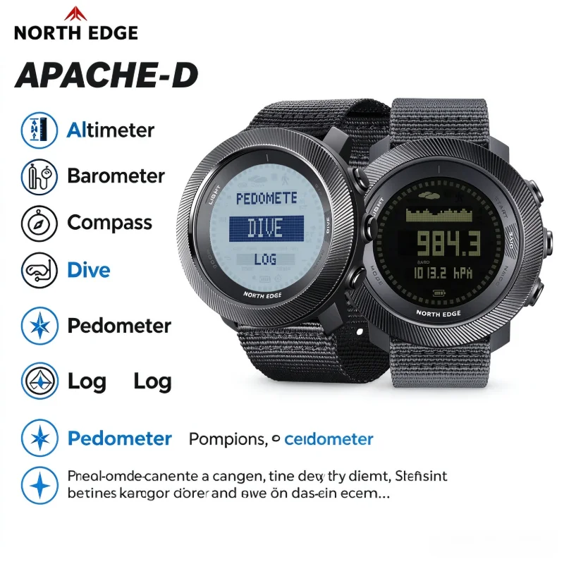 NORTH EDGE APACHE-D Men Freediving Watch 100M Waterproof Digital Wristwatch Altimeter Barometer Compass Dive Log Tactical Outdoo