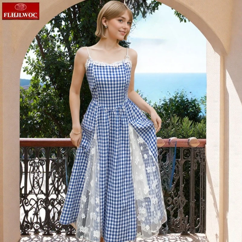 Vestidos a cuadros rojos de estilo francés, nuevo diseño, bonito y dulce para mujer, vestido sin mangas de malla transparente de encaje blanco con tirantes finos