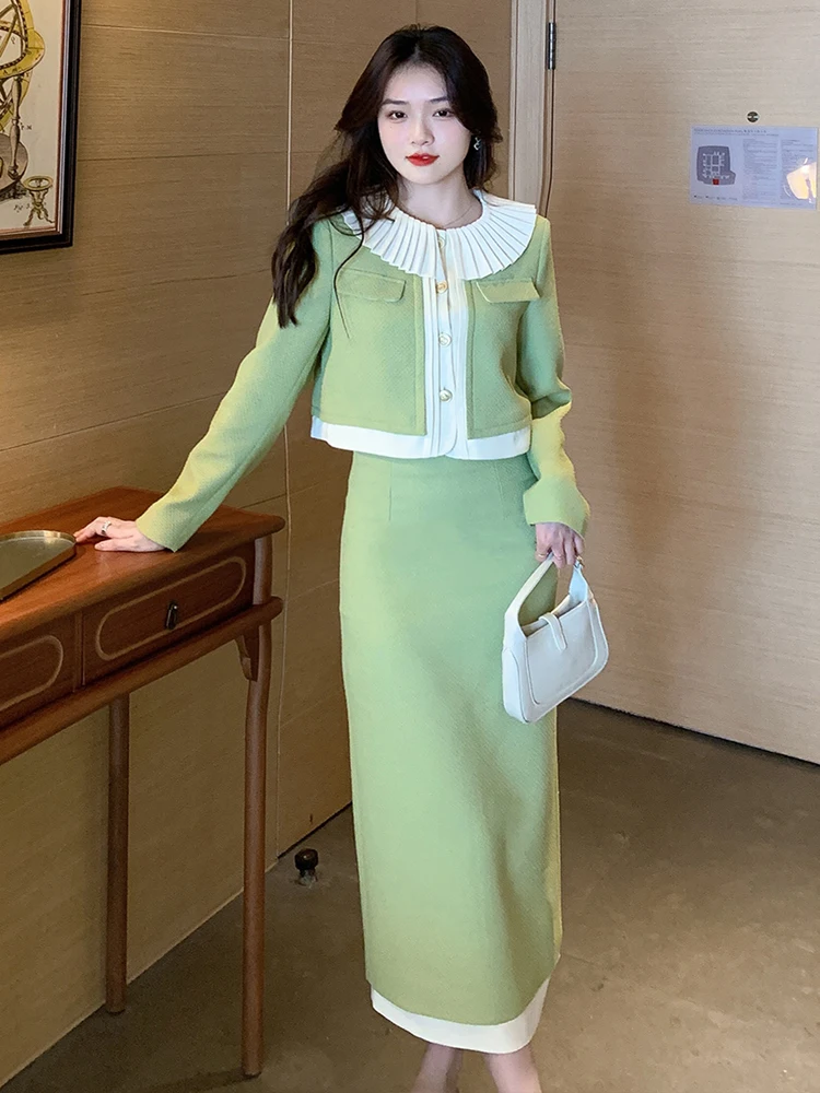 Vintage Temperament  Office 2 Piece Set Autumn Lady Peter Pan Collar Jacket Crop Top+High Waist Bodycon Midi Skirt Women Outfits