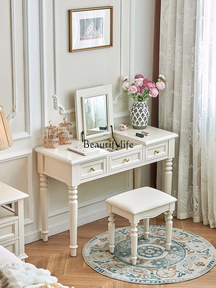 

White Cream Style Solid Wood Dressing Table Cherrywood Flip Makeup Table Desk Integrated