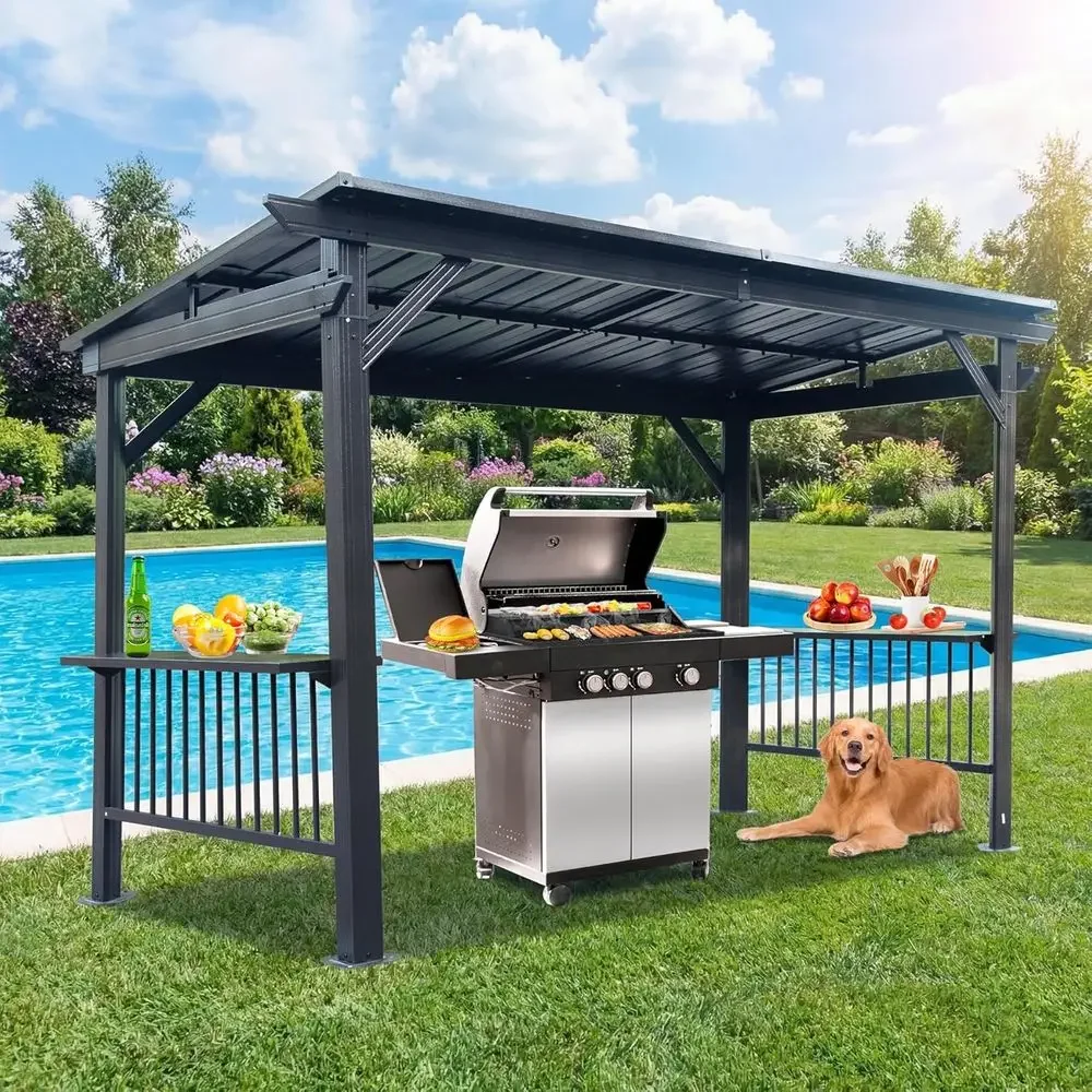 6.5x12T Hardtop Grill Gazebo, All-Weather Outdoor BBQ Gazebo with 2 Side Shelves and 4 Ceiling Hook, Galvanized Steel Pitched Ro