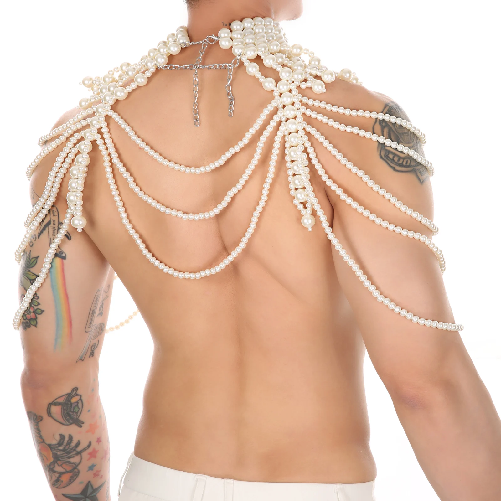 CLEVER-MENMODE Men Body Chest Harness Bondage Sexy Imitation Pearl Chain Bohemia Punk Bikini Party Rave Belly Clubwear