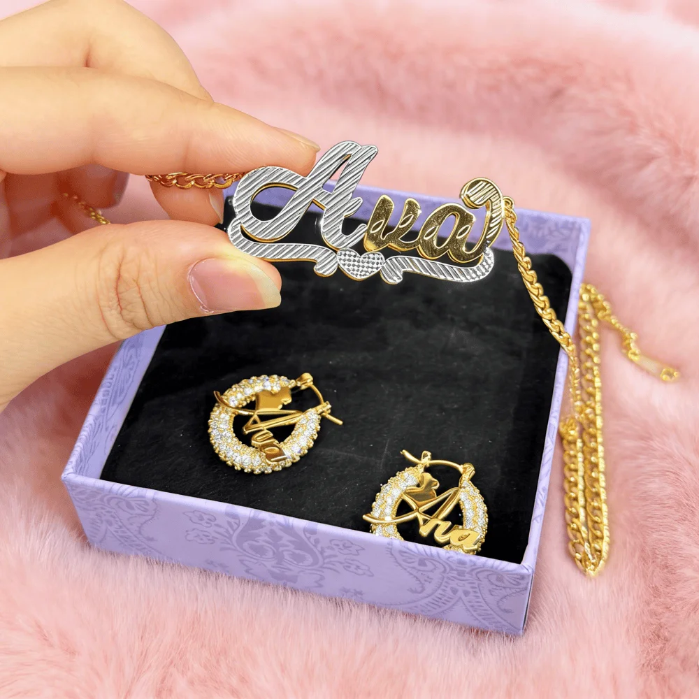 

Ювелирный набор DUOYING с именной табличкой, двухцветное ожерелье, золотая табличка с именем, серьги-кольца 22 мм для женщин