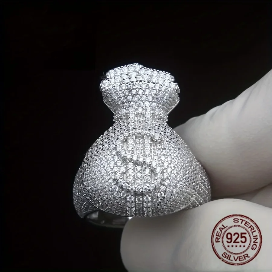 Unique Men‘s 925 Sterling Silvery Icy Out Money Bag Baguette Rings Dollar Sign Hip Hop Ring for Male Fashion Jewelry