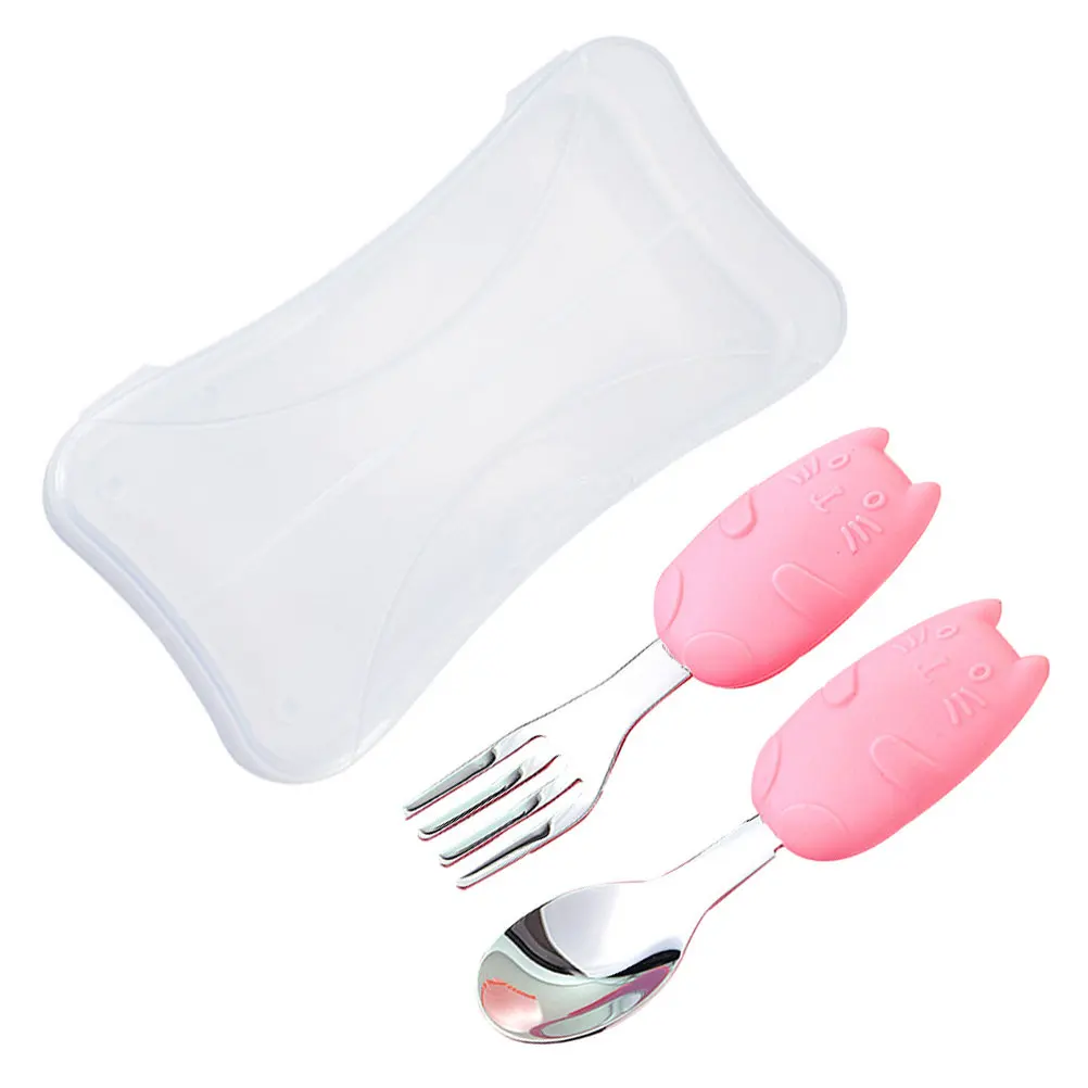 

1Set Children Fork Spoon Training Tableware Set Pink Cartoon Cat Design Short Handle Comfortable Baby Feeding Utensils with