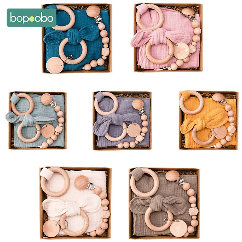 Bopoobo 3pcs/Set Wooden Teether Bunny Ear Wooden Rings Baby Bib Cotton Towel DIY Wood Pacifier Chain  For Nursing Baby Products