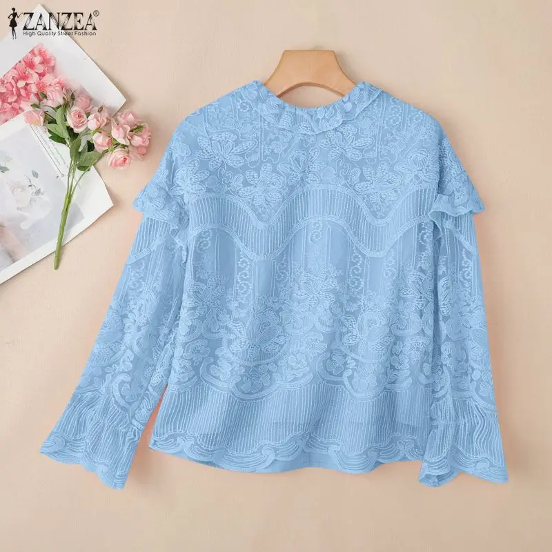 

Fashion Shirts ZANZEA Women Lace Blouse 2026 Spring Long Sleeve Ruffled Casual Solid Color Tops Tunic Elegant Office Clothing