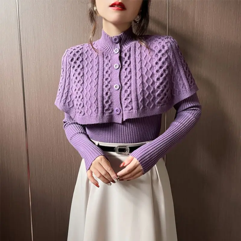 Women Clothing 2023 Autumn Winter Sweater and Cape Two Piece New Collared Sweater Fashionable Elegant SLIM Women Casual Clothes