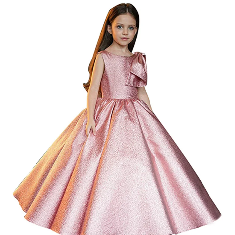 

Girl's Pink Dress Glitter Satin A-line Floor Length Birthday Party Ceremonies Prom Princess Gown for 1-14Y Kids