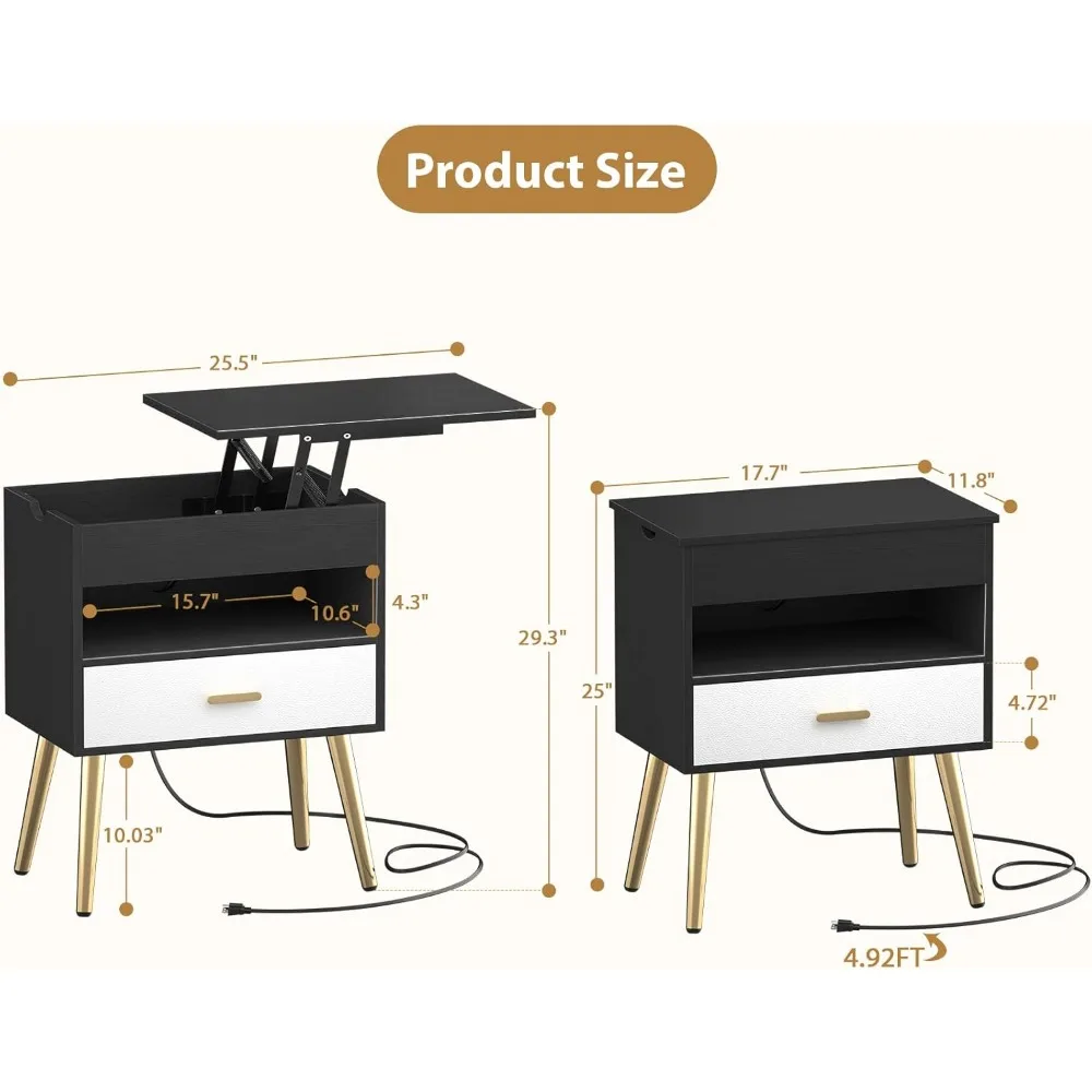 Móveis para casa com luzes LED, reversível Lift Top, Nightstand Set, Bedroom Bedside Table, grande Night Stand, 30 polegadas, conjunto de 2