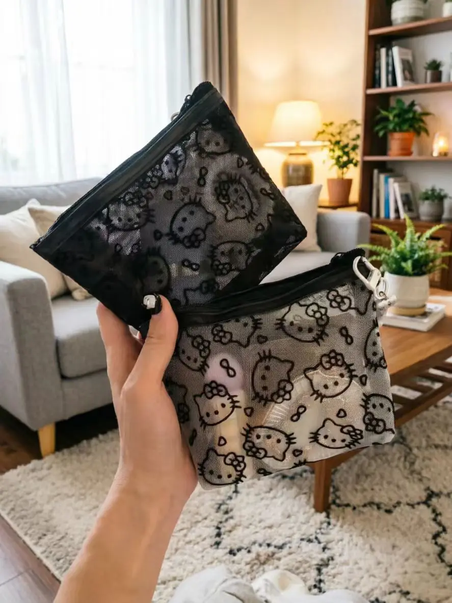 Bolsa Transparente Hello Kitty com Zíper, Necessaire Fofa para Maquiagem, Organizador Cosmético, Estojo Pequeno de Viagem para Batom, Moedas e Meninas