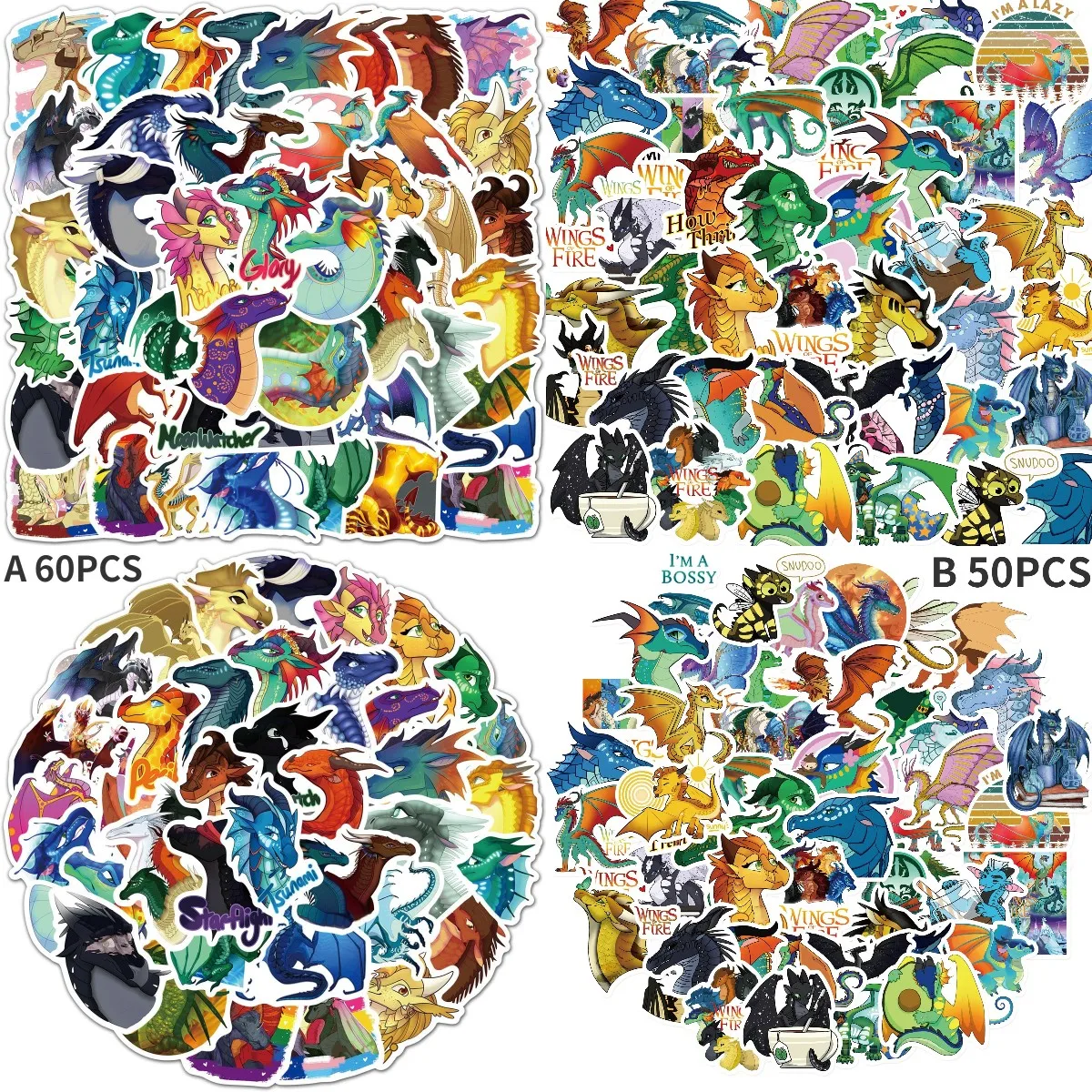 2 Style 50/60Pcs Cartoon Wings of Fire Stickers Flying Dragons Graffiti Stickers for DIY Luggage Laptop Bicycle Stickers