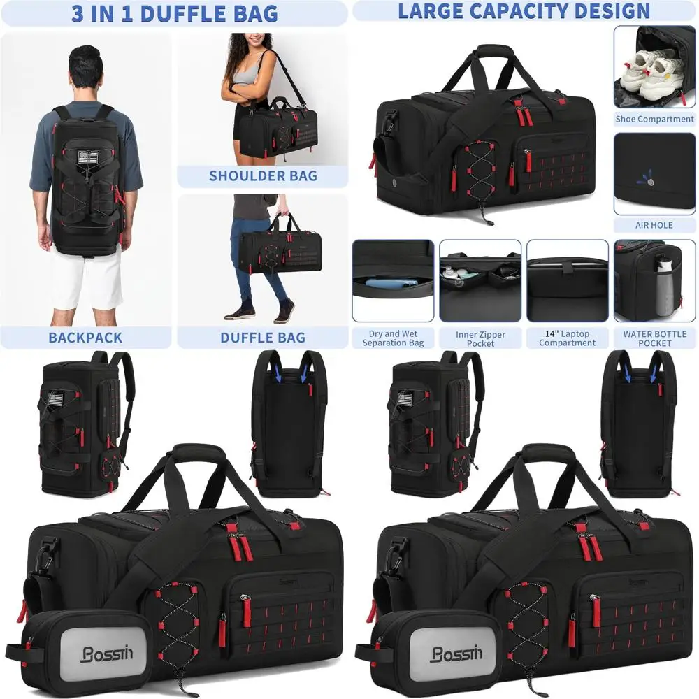 

45L Unisex Travel Sports Gym Overnight Backpack with Shoe Compartment (Black)