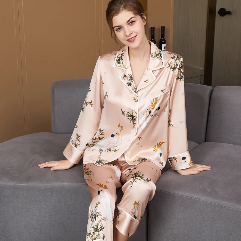 19MM 100% Mulberry Silk Pajama Set Stylish Printed Long Sleeve Cardigan & Trousers Sleepwear Button Up PJs Loungewear for Women