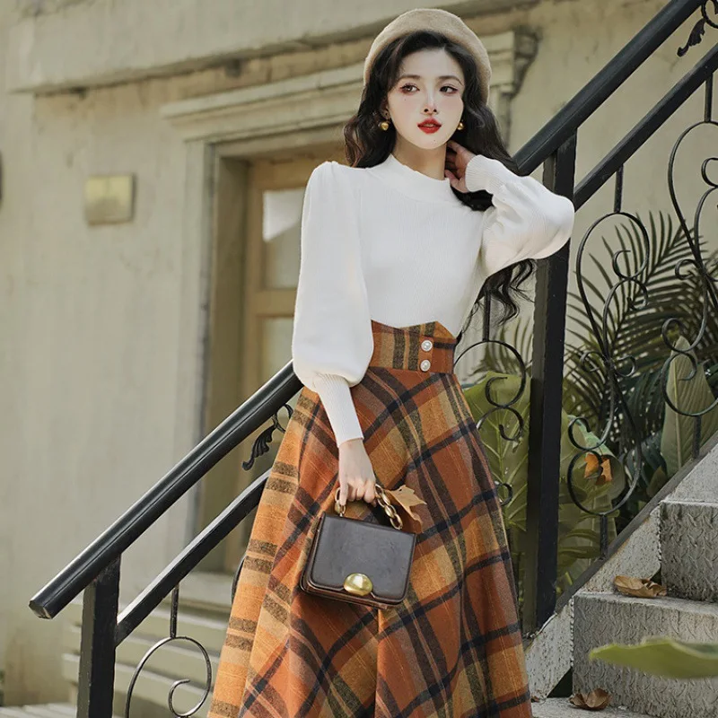 Autumn and Winter Vintage High Waist plaid Skirt Fashion vestido longo evangelico lady