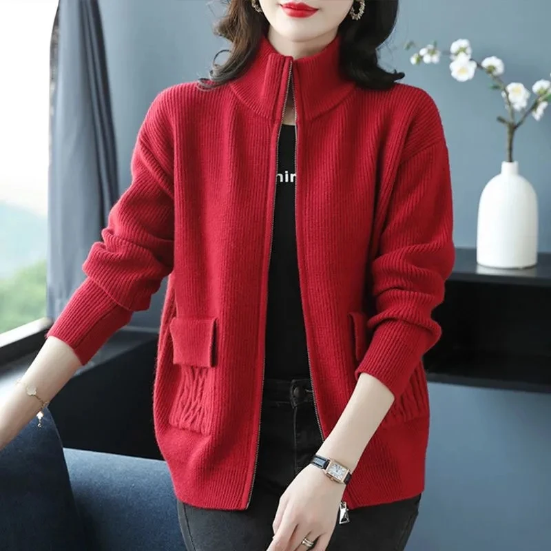 New Spring Autumn Women Knitted Jacket Solid Color Thick Zipper Cardigan Sweater Coat Casual Female Stand Collar Knit Cardigans