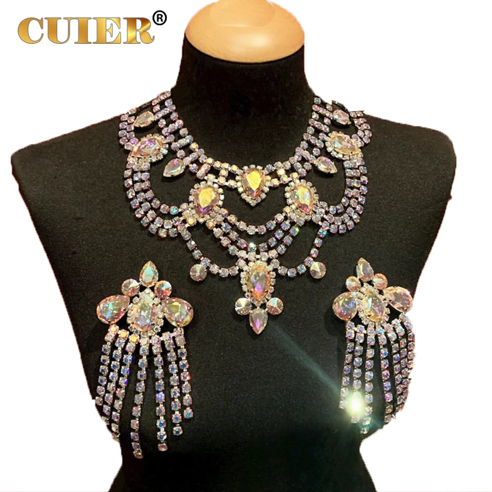 CUIER Long Tassel Multilayer Jewelry Set Earring Necklace 3pcs/suit Wedding Huge size Accessories Man Drag Queen Stage Decorate