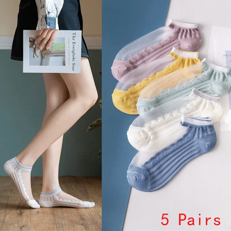 5 Pairs Of Womens Glass Fiber Spring And Summer Thin Transparent Breathable Socks Candy Color Polyester Sock Bottom