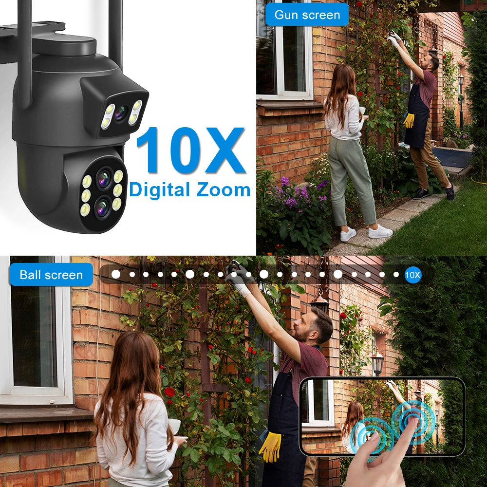 Câmera de segurança externa WiFi 6K 12MP com zoom 10x, lentes triplas e telas triplas, rastreamento automático e detecção de movimento, CCTV S