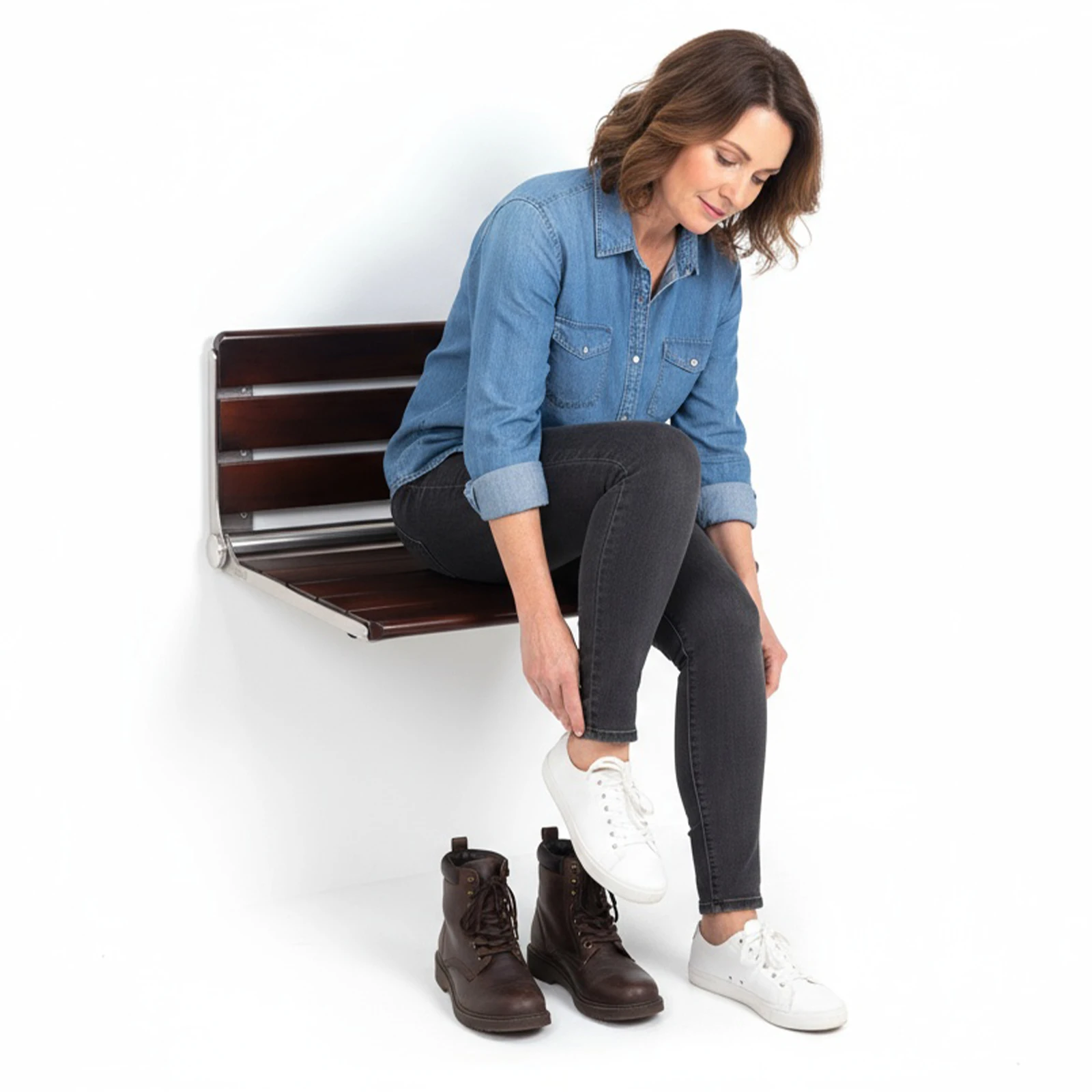 

18 Inch Wood Shower Bench Wall Mounted Foldable Shower Chair Fold Down Shower Seat for Home Care