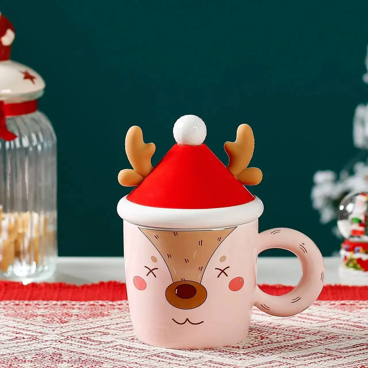 

# Christmas Elk Cup Cute Lid Holiday Gift Water Coffee Fancy Ceramic Cup Custom Pattern #