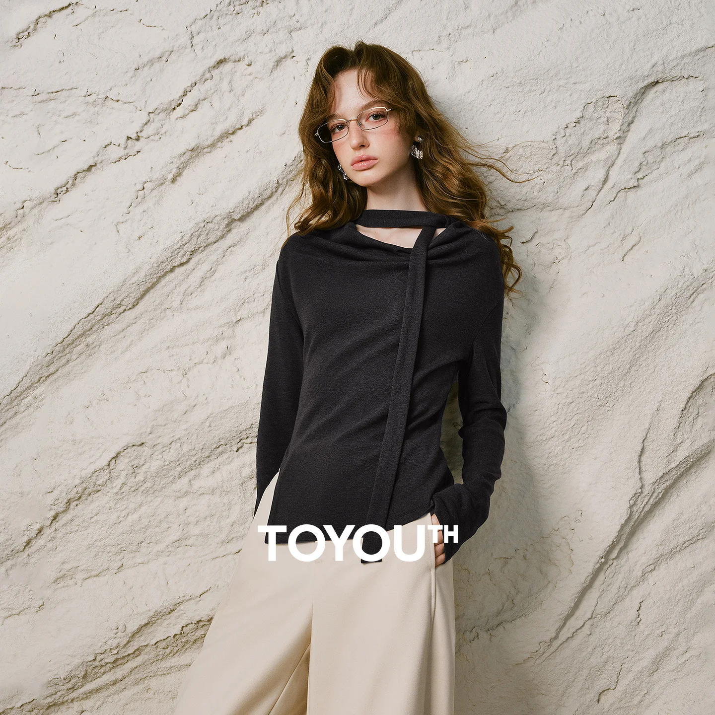 TOYOUTH Women T Shirt 2026 Winter New Faux Cashmere Ribbon Cowl Neck Deconstructed Split Design Pullover Tops