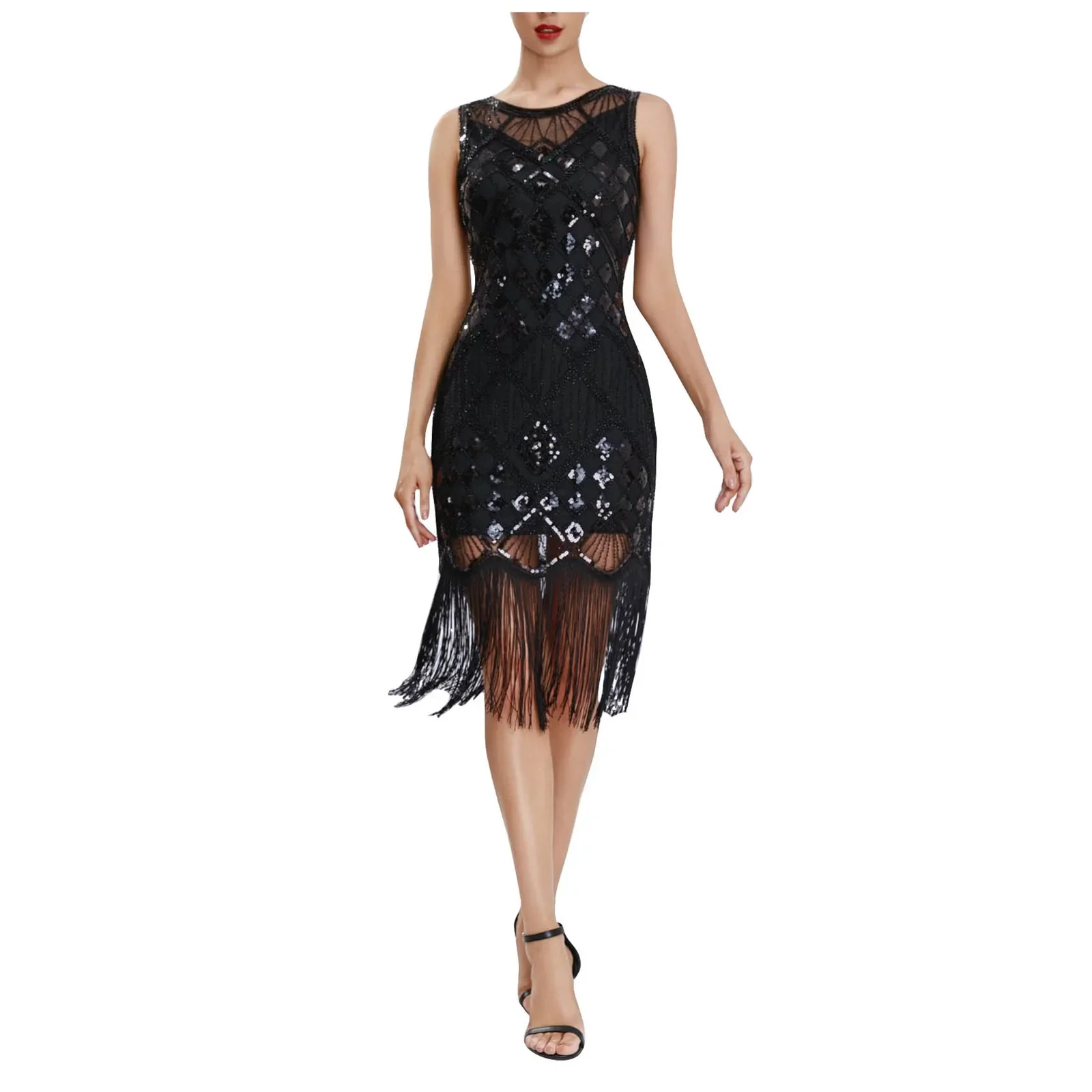 Women 1920s Vintage Flapper Party Dress Art Deco Great Gatsby Dress Shiny O-Neck Cap Sleeve Sequin Bead Fringe Embellished Dress