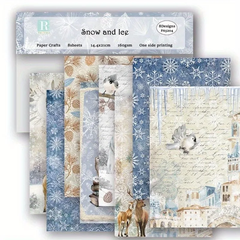 Snow and Ice Scrapbook Paper Pad Assorted Pattern ardmaking Supplies 8pcs Junk Journaling Craft  scrapbooking embellishment