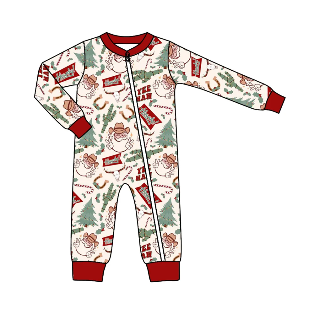 Christmas Series Toddler Girls Clothes Baby Boy Clothes Western Santa Pattern Long Sleeve Set Jumpsuit Wholesale Kids Clothes