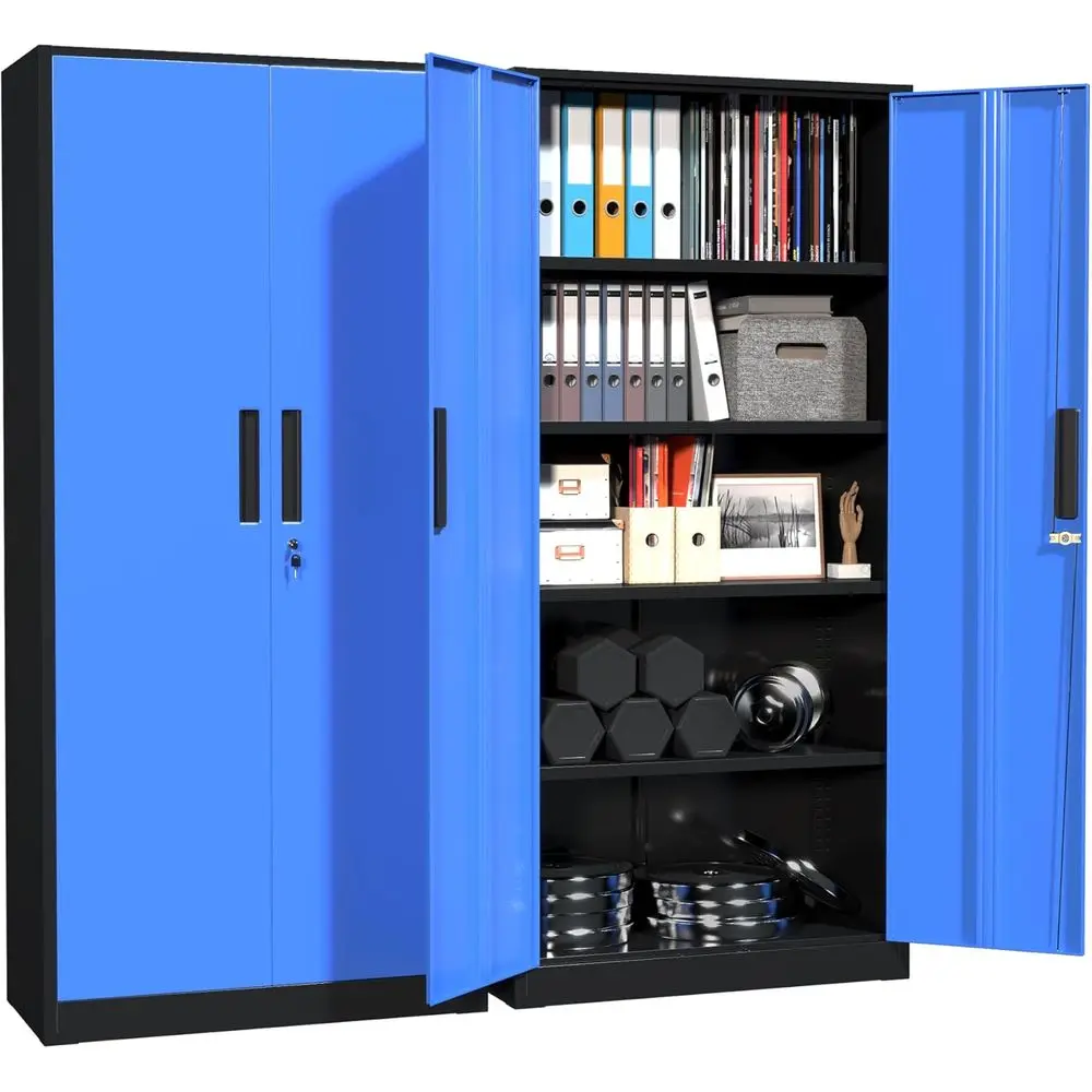 

71 High Lockable Storage Cabinet with 4 Adjustable Shelves for Home, Office, Garage, and Gym - Black Blue