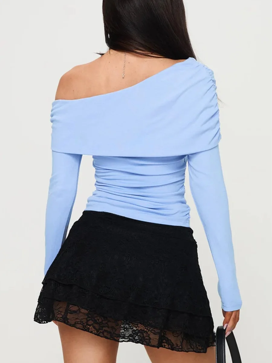 여성용 오프숄더 상의, 비대칭 단색 구김 긴팔 셔츠, 스트리트웨어 가을 블라우스, 트렌디