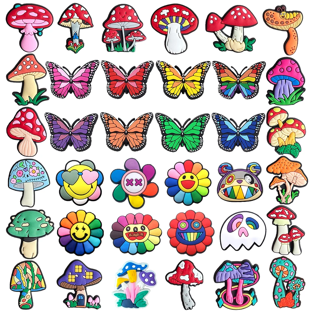 Fashion 1PCS Cute Cartoon Flowers Butterfly Shoe Charms Sun Flower PVC Mushroom Accessories Decorate Kid Women X-mas Lovely Gift