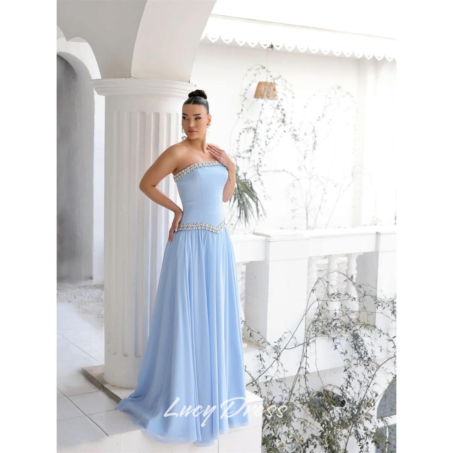 Lucy Chiffon Strapless Sky Blue A-Line Evening Dress 2026 Prom Dress Elegant Women Formal Evening Customized Robes de Soirée