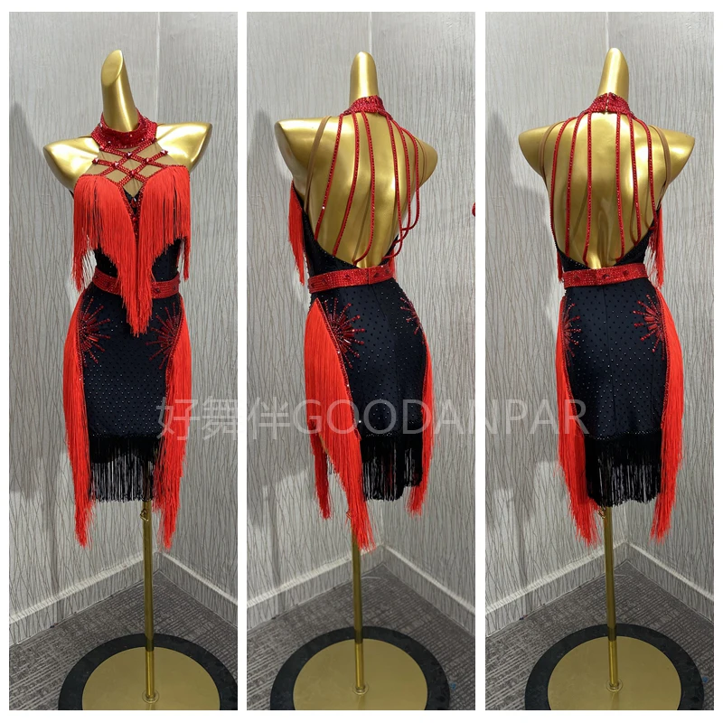 

Платье для латинских танцев с высоким воротником, наряд для латинских танцев для выступлений с бахромой для латинских танцев