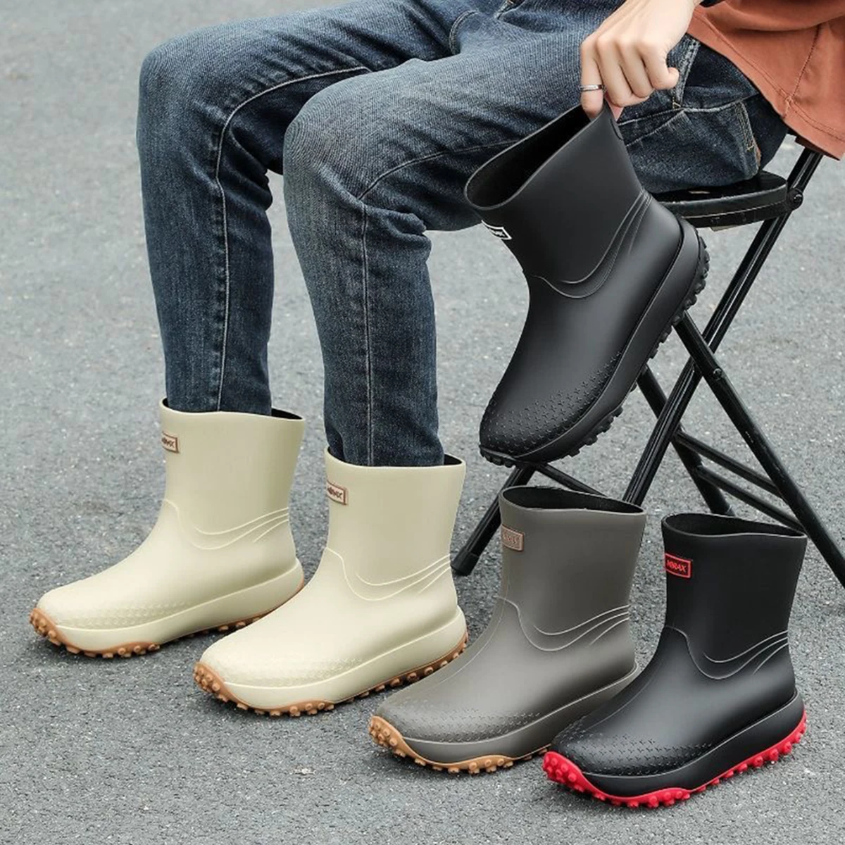 Men's Workwear Style Anti-Slip Waterproof Rubber Boots High-Quality Flat Bottomed for Outdoor Work Commuting Fishing Kitchen Rai