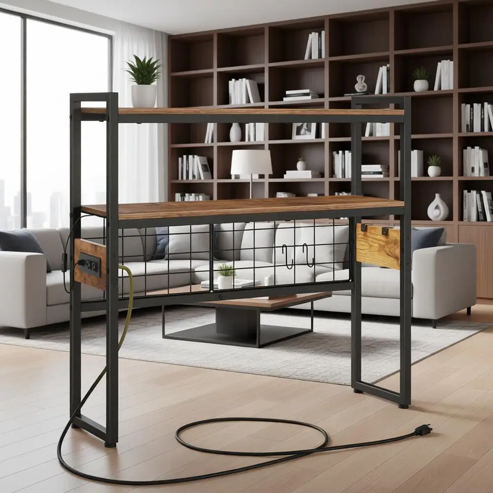 

2-уровневый деревянный офисный стеллаж для хранения с легкой полосой и розетками, настольный органайзер в деревенском коричневом цвете 29,9