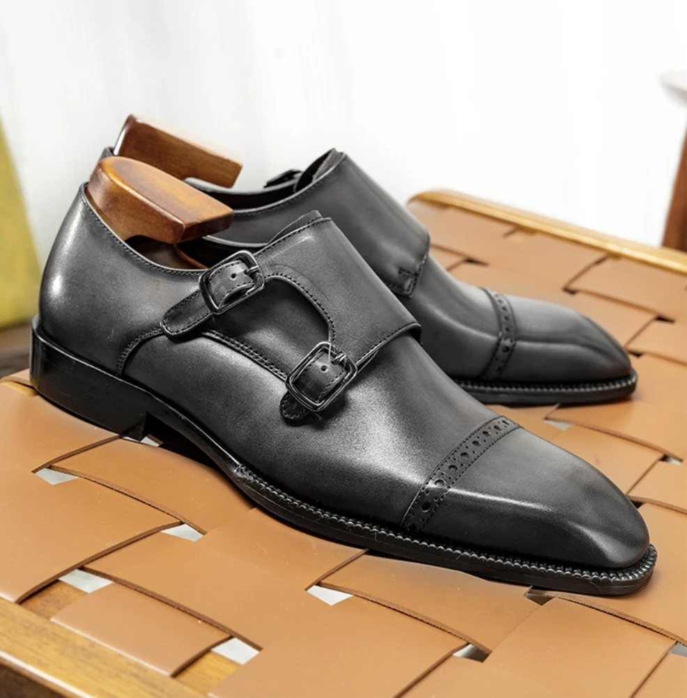 Luxury Men's Double Buckle Monk Strap Formal Shoes Genuine Leather Classic Cap Toe Business Office Wedding Dress Shoes for Men