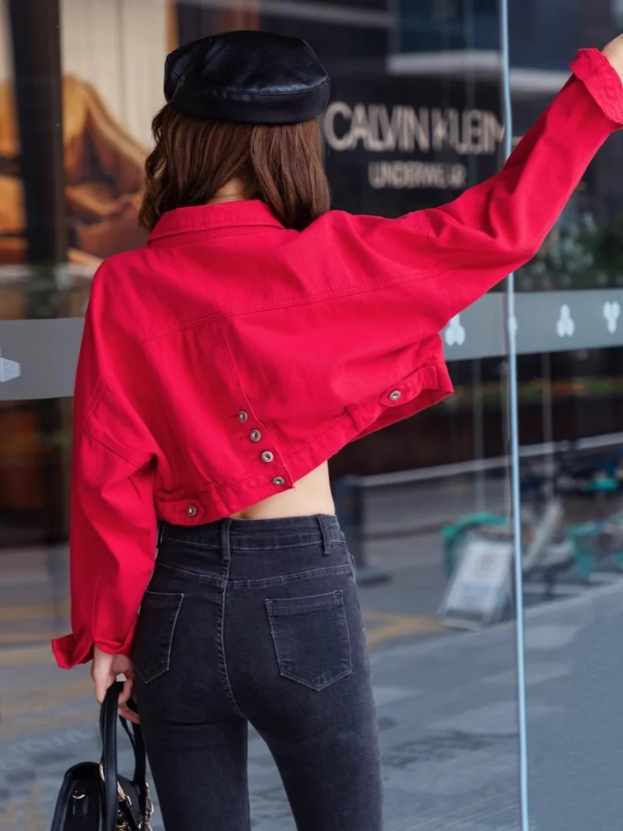 Petite Friendly Chaqueta vaquera recortada para mujer primavera otoño manga larga de gran tamaño elevado azul claro corto Denim Top prendas de vestir exteriores