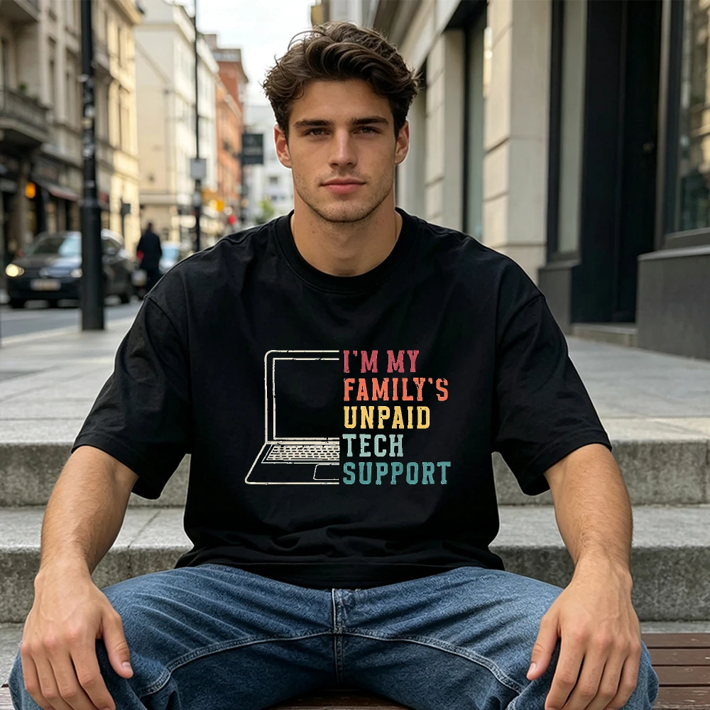 I'm My Family's Unpaid Tech Support Laptop Print Men O Neck Tee Vintage Distressed Funny IT Programmer Geek Top Technician Gift