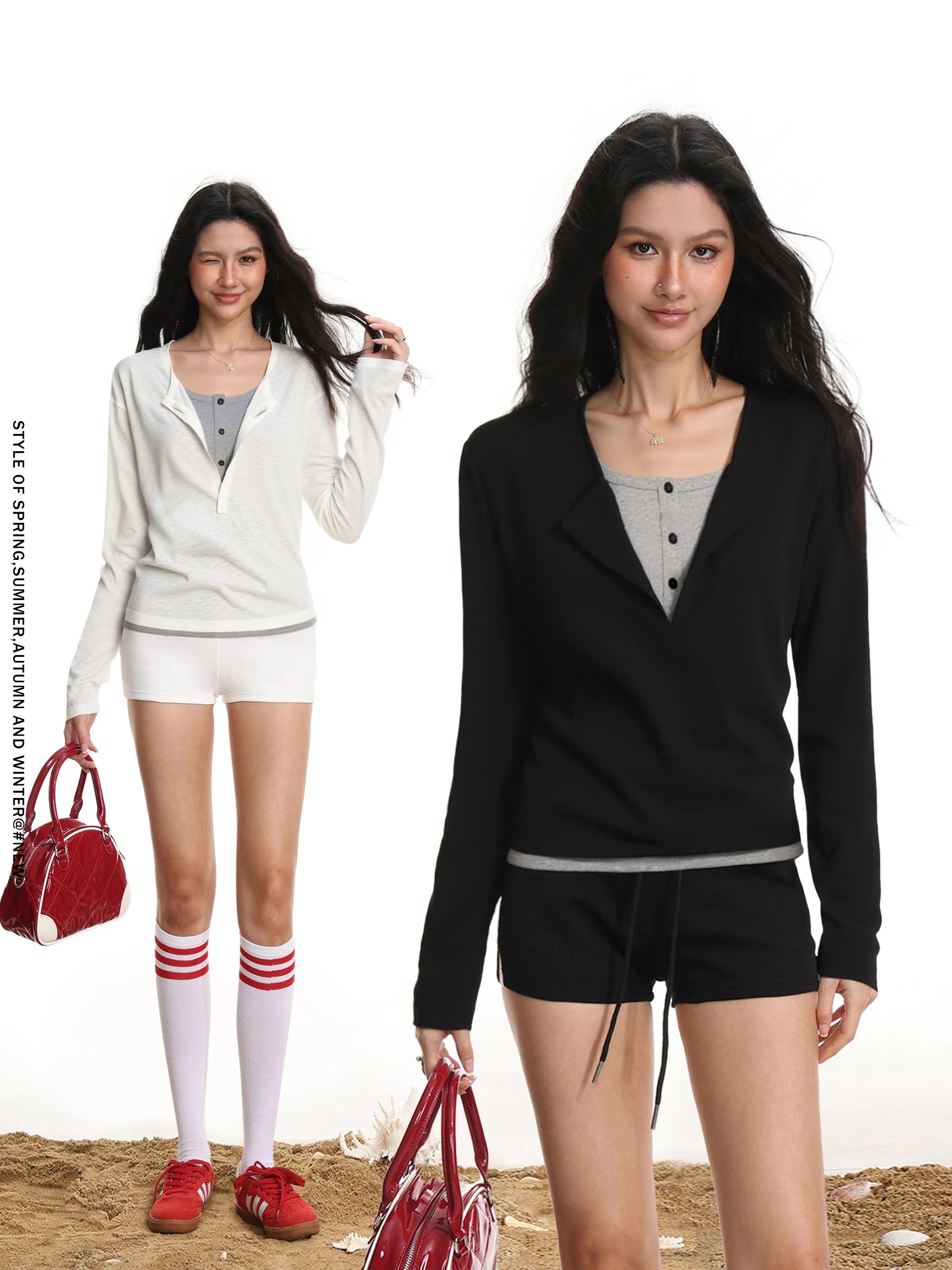 

American Sle Loose Long Sve T-irt Women's Base Layer Color Slimming Boting irt Casual Leisure Top