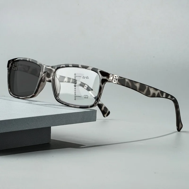 Photochromic Progressive Multifocal Blue Light-blocking Glasses Unisex Square-frame Business Reading Eyewear with Plus Diopters