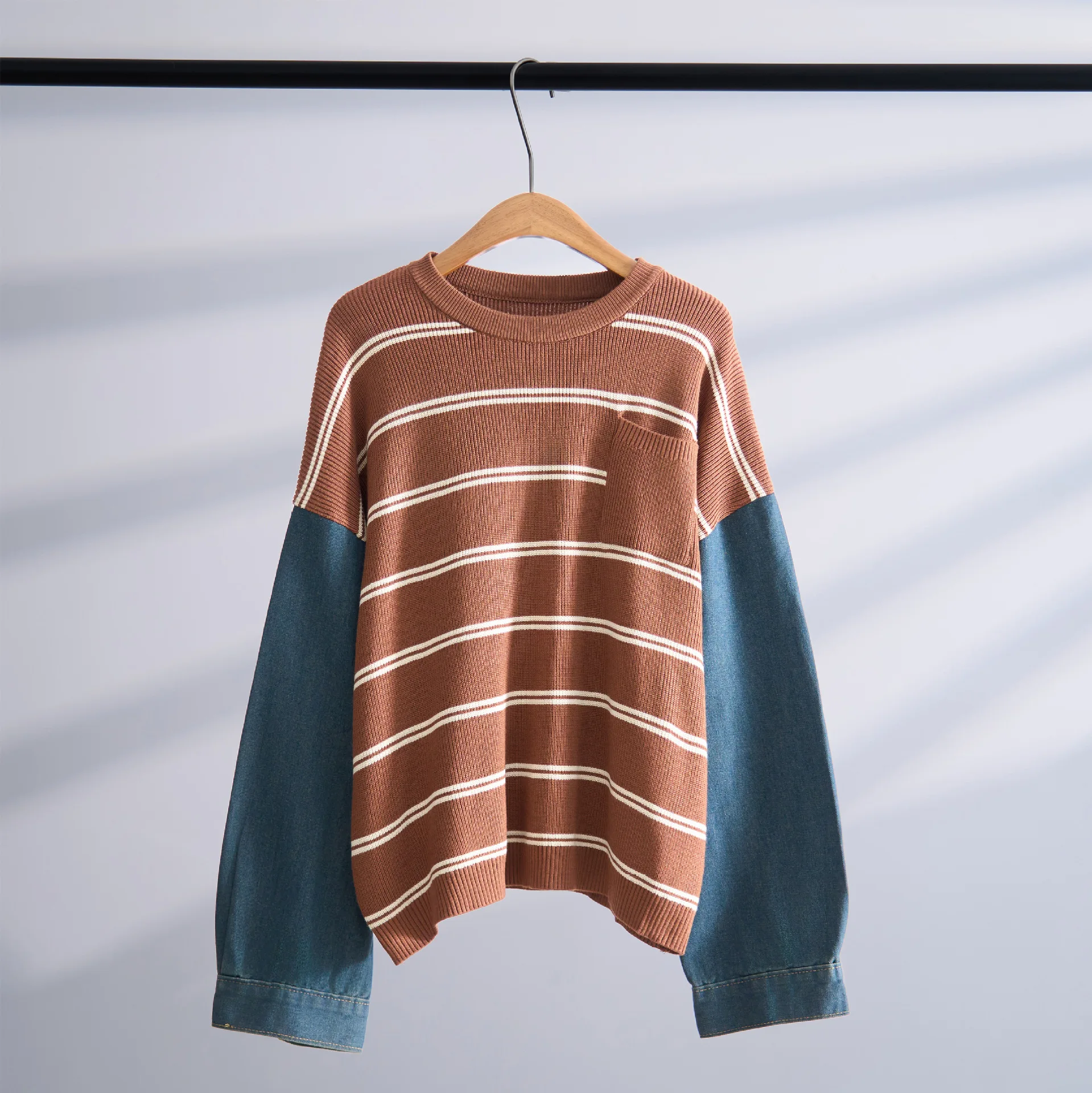

Denim Long-sleeve Versatile Crew Neck Spliced Striped Knitted Sweater Women Autumn and Winter Clothes Women Loose Casual Sweater