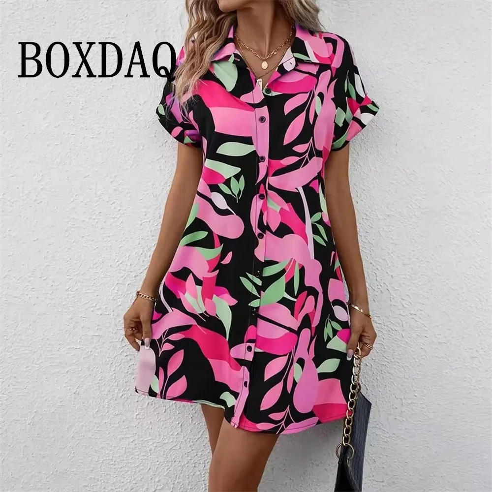 2025, Sommer-Damenkleid, modisch, kurzärmelig, Hemdkleid, 3D-Blattdruck, täglich, lässig, Revers, Knopf, kurzes Kleid, Basic, lange Oberteile