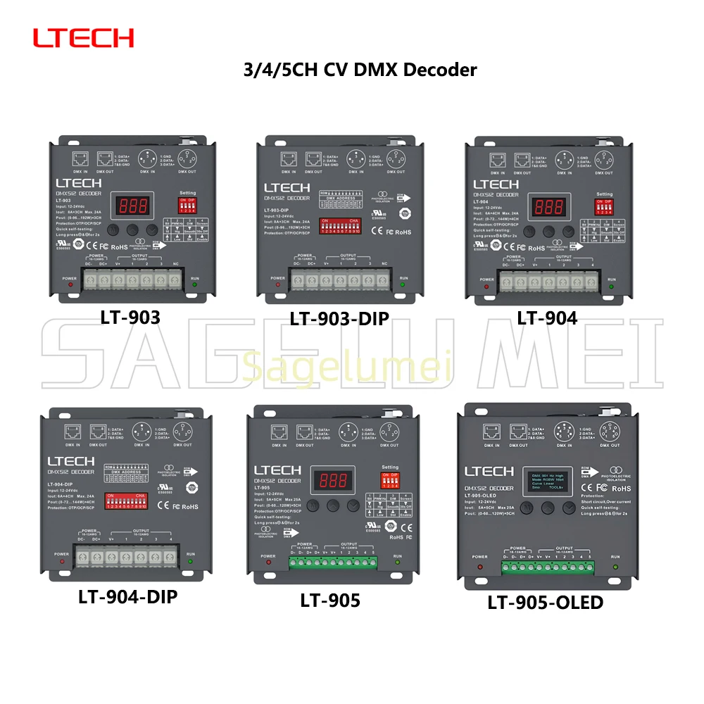 LT-903/904/905 DC12-24V DMX/RDM 3/4/5CH 6A/CH CV 8/16bit DMX512 Digital Display  XLR3pin RJ45 PWM Decoder For LED RGB/RGBW/RGBWY