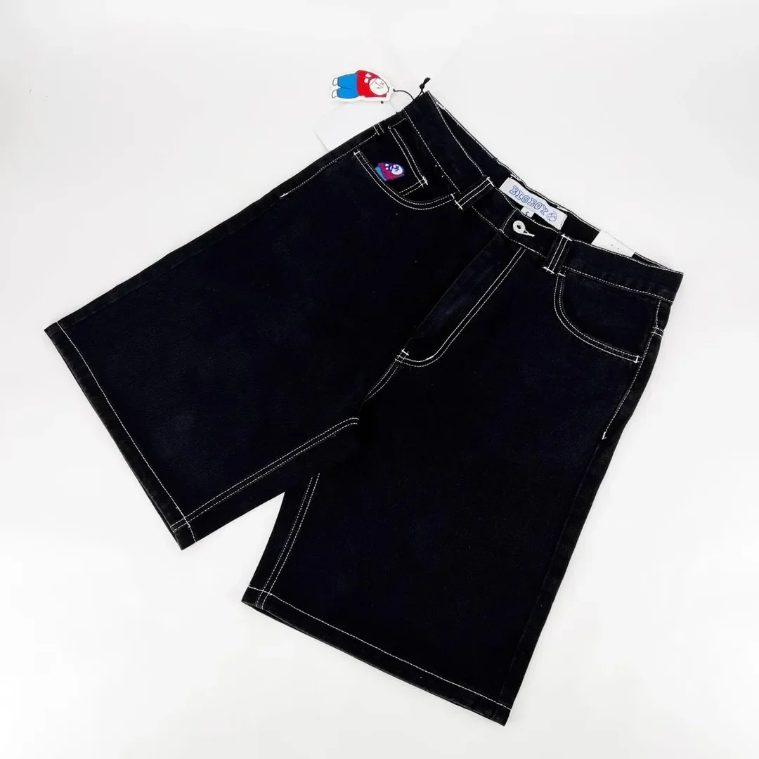 Shorts jeans com bordados para homens, jeans Hip Hop, streetwear gráfico de desenhos animados, shorts baggy para academia, shorts de basquete, Y2k retrô, menino grande