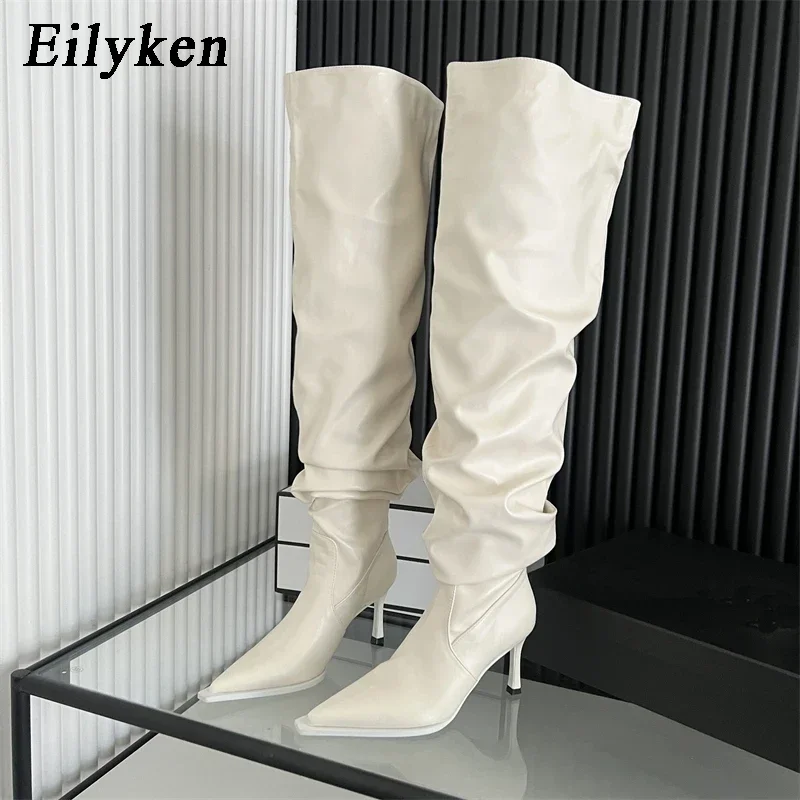 Eilyken Winter Nightclub Design Pointed Toe Pleated Thin Heels Women Knee-High Long Boots Stripper Prom Ladies Shoes