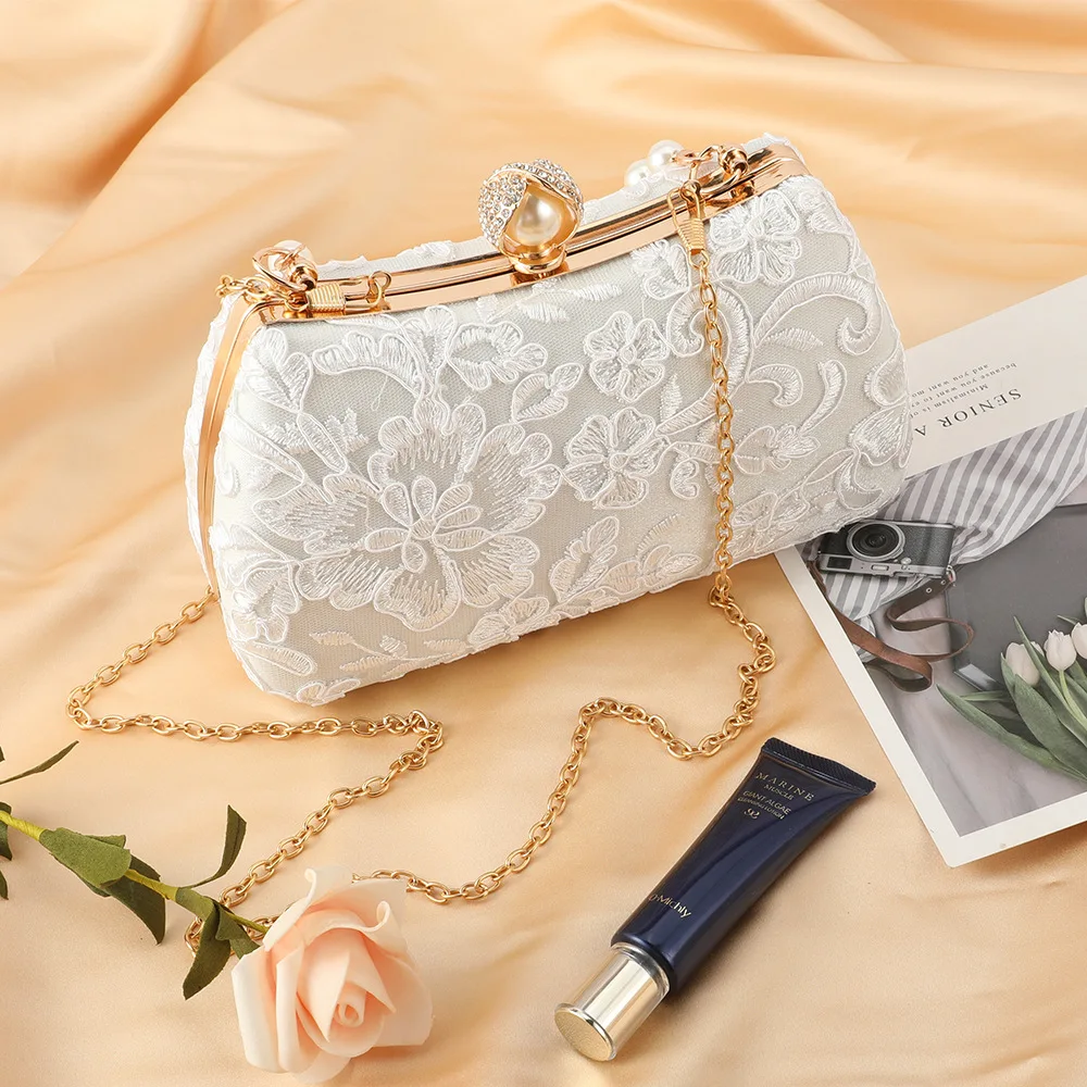 Retro Lace Flower White Evening Bags Wedding Party Bridal Small Clutches For Womens Chain Sholder Bag Crossbody Prom Handbags