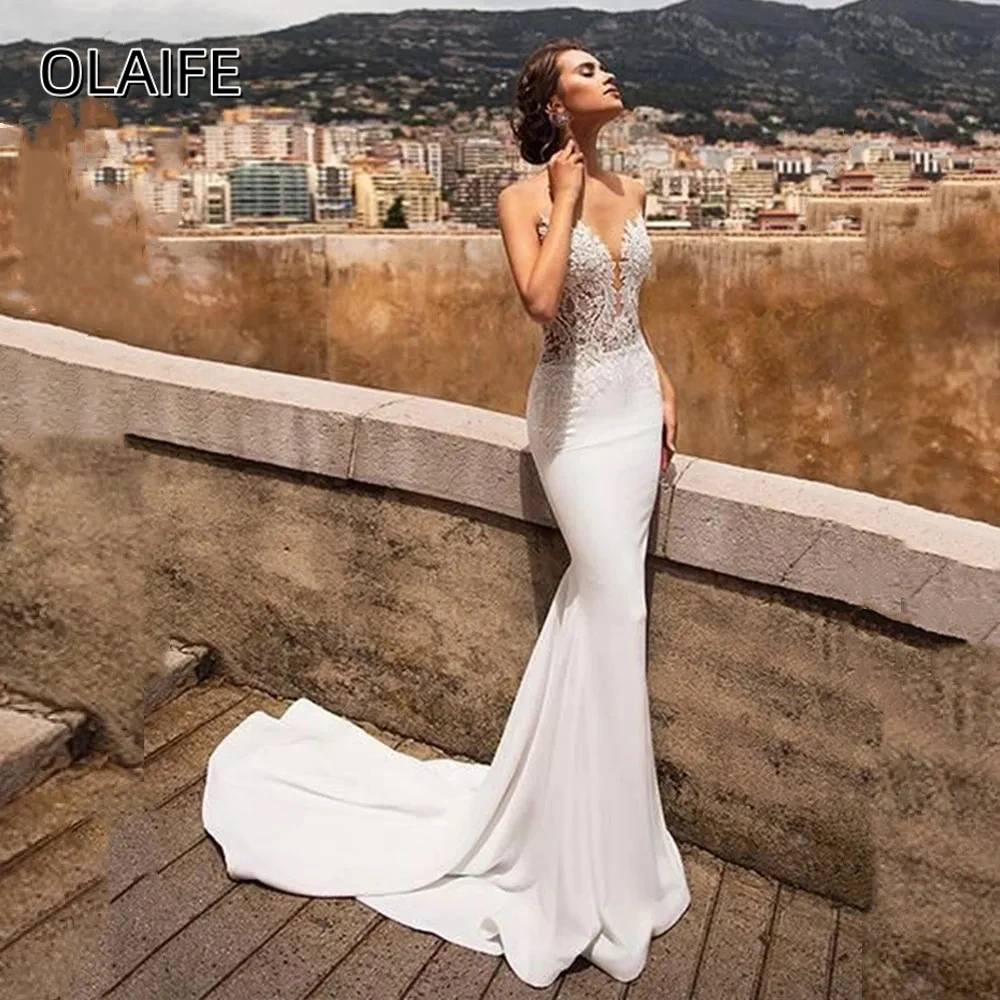 Olaife Sexy Mermaid Satin Sleeveless Wedding Dresses Sweetheart Lace Appliqued Backless Beach Bridal Gowns vestidos de