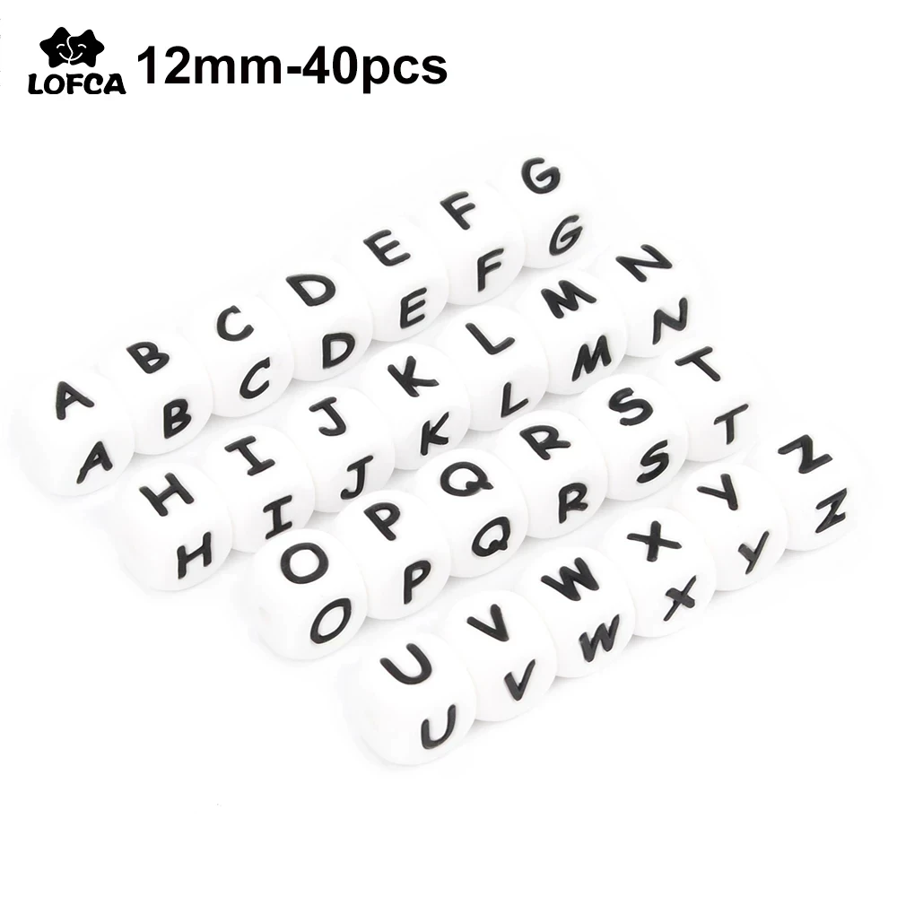 LOFCA 40PCS/Lot Alphabet 12mm Food Grade Letter Silicone Beads Baby Bead Pacifier Chain BPA Free for Name Make DIY Necklace