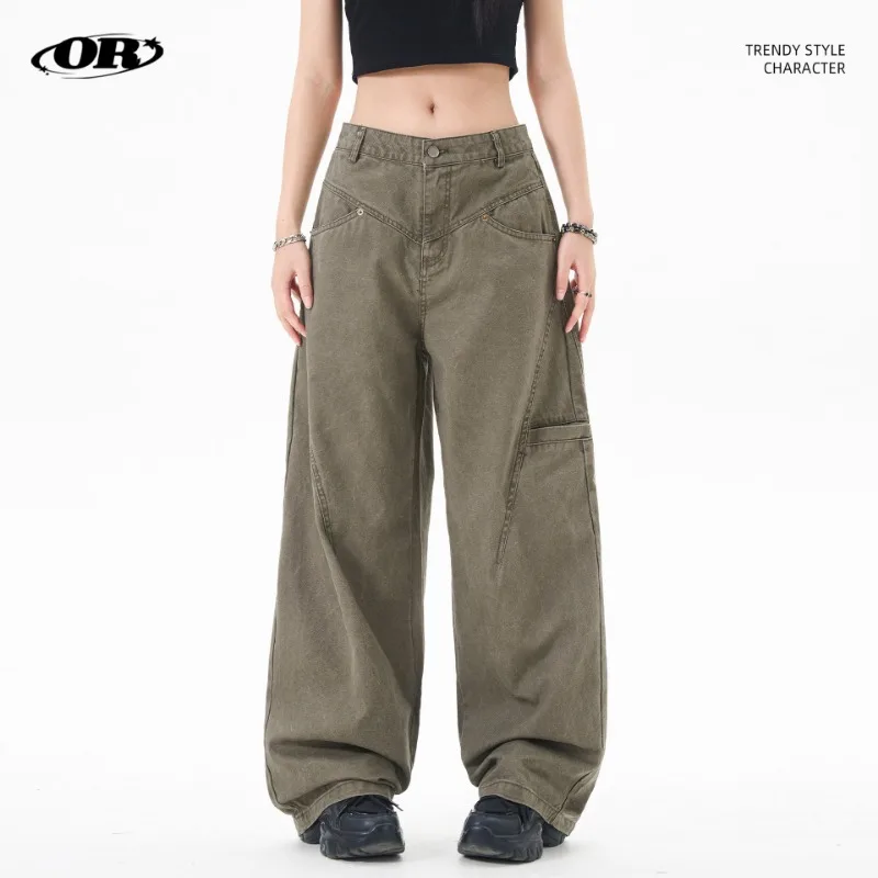 OR FL Retro Multiple Pockets American Style Staraight 100 Cotton Women Cargo Trousers Trendy Brand Design Sense Wide Leg Pants